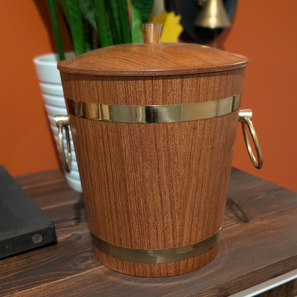 Vintage MCM wood and brass ice bucket